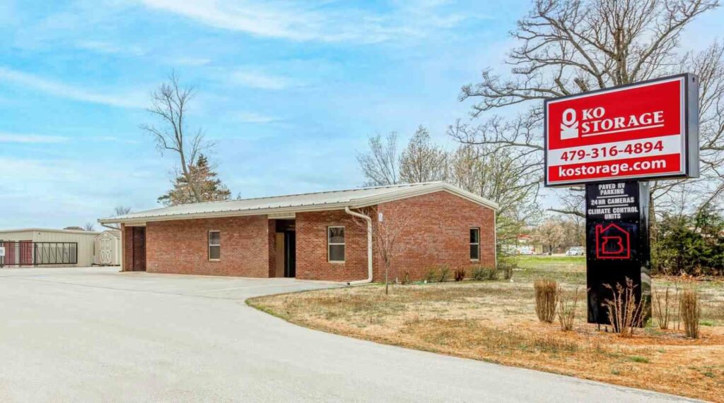 Facility sign and leasing office at KO Storage in Centerton, AR.